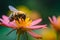 Hyperrealistic macro photo of bee sucking flower honey.