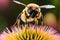 Hyperrealistic macro photo of bee sucking flower honey.