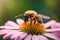 Hyperrealistic macro photo of bee sucking flower honey.