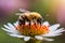 Hyperrealistic macro photo of bee sucking flower honey.