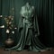 Hyperrealistic Mannequin In Green Robe: Oriental Minimalism And Moody Monotones