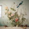 Hyperrealistic Mural: Blue Bird Perched On Branch With Flower Vase