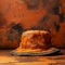 Hyperrealistic Orange Bucket Hat On Rust Surface: Surrealistic Horror Painter\\\'s Art