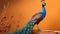 Hyperrealistic Peacock Portrait On Orange Painted Tree Branch