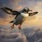 Hyperrealistic Penguin Flying Over Cloudy Atlantic Ocean