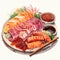 Hyperrealistic Plate Of Sashimi, Salad, And Sauces: Multilayered Realism In Aurorapunk Style