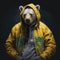 Hyperrealistic Portrait Of A Bear In A Yellow Hood With Headphones