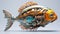 Hyperrealistic Rendering Of Mechanical Fish With Dark Orange And Light Azure Colors
