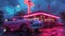 Hyperrealistic retro diner scene with neon sign, 1950s cars, and vibrant colors at evening