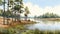 Hyperrealistic Wetland Sketch Pine Trees Along Water