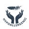 Hypoallergenic tested products logo, label for dermatology safe goods, hands and feather, sensitive skin care