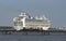 Hythe Pier electric train and cruise ship on Southampton Water, UK