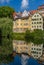 The HÃ¶lderlin Tower on the historic old town bank of the Neckar River in TÃ¼bingen