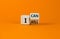 I can and will symbol. Turned a wooden cube and changed words i can to i will. Beautiful orange background, copy space. Business,