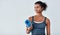 I cant think of anything better to do. an attractive young woman posing with her yoga mat against a grey background.