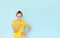 I choose you point gesture mockup. Smiling girl point you, want you, portrait on color studio background