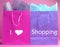 I Heart (Love) Shopping message on pink and purple shopping bags.