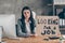I look for job. Upset frustrated girl agent marketer dismissed company corona virus quarantine crisis hold cardboard