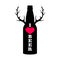 `I love beer` slogan on beer bottle with red heart and antlers. Black silhouette.