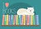 I love books. Books on shelf with white cat.