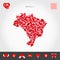 I Love Brazil. Red Hearts Pattern Vector Map of Brazil. Love Icon Set