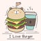 I Love Burger Concept With Cute Bear Burger And Coffee Cup.