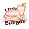 I love Burger ordered on the fast food menu with drink cup of water. Hamburger with cutlet, tomatoes and onion. Logo icon vector