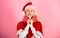 I love christmas. Girl happy wear santa costume celebrate christmas pink background. Merry christmas and happy new year