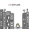 I love city life hand drawn vector illustration in cartoon comic style man walking between skyscrapers