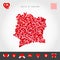 I Love Cote dIvoire. Red Hearts Pattern Vector Map of Ivory Coast. Love Icon Set