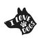 I love dogs. Handwritten inspirational quote about dog. Typography lettering design. Black and white vector illustration EPS 10