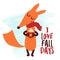 I love fall days - Hand drawn vector illustration with cute fox