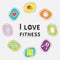 I love fitness icon set . Round frame. Timer, whater, dumbbell, apple, jumping rope, scale, note heart. Flat design