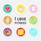 I love fitness round icon set isolated Timer whater, dumbbell, apple, jumping rope, scale, note heart Flat design