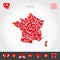 I Love France. Red Hearts Pattern Vector Map of France. Love Icon Set