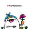 I love gardening hand drawn vector illustration in cartoon comic style happy woman holding plant