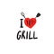 I love grill. Funny hand drawn lettering and illustration of heart, fork and paddle. Vector