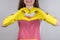 I love housework at weekend concept. Cropped close up photo of pretty excited cheerful positive girl lady janitor making heart