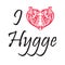I love Hygge text in black symbolizing Danish Life style with floral swirly heart shape in red on white background