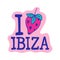 I love Ibiza lettering groovy trendy text sticker with strawberry. Hippy typography bright chill type print