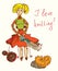 I love knitting card with funny woman cute