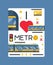 I love metro poster vector illustration. Metro station elements including train, platform, electronic card, traffic