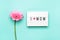 I love mom text and pink gerbera flower on turquoise background.