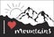 I love Mountains. Outdoor vector illustration with mountain ridge, red heart and hand drawn text.