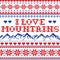 I love mountains vector seamless pattern, Fair Isle style traditional cross-stitch design - hike, ski and snowboard concept