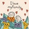 I love my family, text. Cute cats peeking out of the leaves. Vector