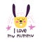 I love my mommy. Cartoon rabbit with lettering, stars, rainbow. Colorful flat vector illustration. Hand drawing for children