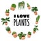 I love plants cartoon style postcard, cute wreath ornament design. Set of hygge potted succulent plants. Cozy lagom scandinavian