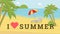 I love summer vector postcard. Seaside resort with deck chair, beach umbrella promotional poster layout. Travel agency