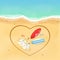 I love surfing. On the beach there are surfboards and slippers with a towel. Heart painted on a sandy beach. Time for rest and spo
